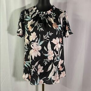 Cooper & Ella Black Pink & Blue Floral Print Short Sleeve Ruffle Collar Blouse